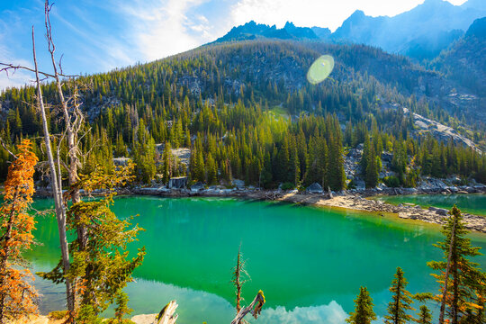 Scenic Turquoise Waters of Colchuck Lake in Washington Forest
