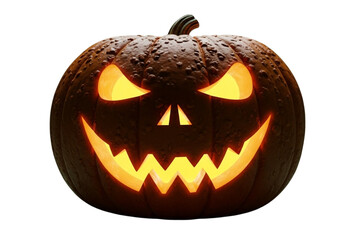 A detailed carved pumpkin with glowing light inside, smiling scary face, realistic texture, isolated on plain green background, studio lighting