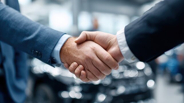 auto business car sale technology gesture and people concept  happy couple with car dealer shaking hands in auto show or salon no logos no brands ar 169