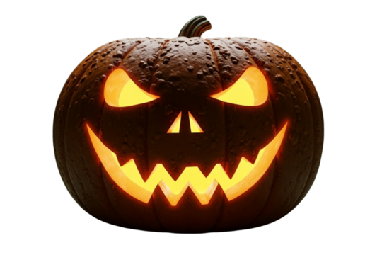 A detailed carved pumpkin with glowing light inside, smiling scary face, realistic texture, isolated on plain green background, studio lighting