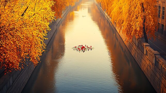 Calm river with lotus flowers floating, tree reflections, and warm evening sunlight creating serene atmosphere - Powered by Adobe