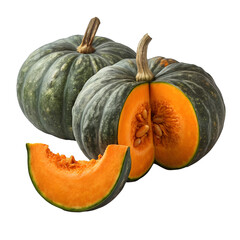 Thai Pumpkin with Dark Green Skin and Orange Flesh, Isolated on Transparent Background