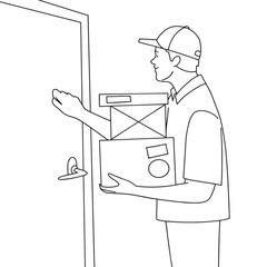 Courier knocking on door with package. Vector illustration