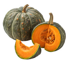 Thai Pumpkin with Dark Green Skin and Orange Flesh, Isolated on Transparent Background