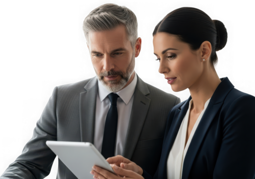 Man and woman in business attire looking at a tablet computer isolated on transparent background