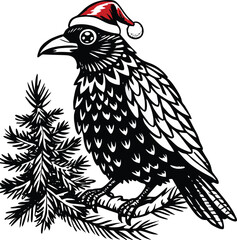 Fototapeta premium Black crow wearing Santa hat near Christmas tree Keywords crow, raven, bird, animal, Christmas.