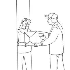 Courier woman giving box to female recipient. Vector illustration