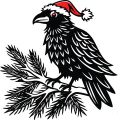 Obraz premium Black crow wearing Santa hat perched on pine branch Keywords crow, raven, bird, animal.