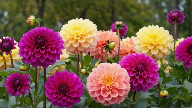 Colorful dahlia flowers blooming in a vibrant garden displaying magenta yellow and peach petals
