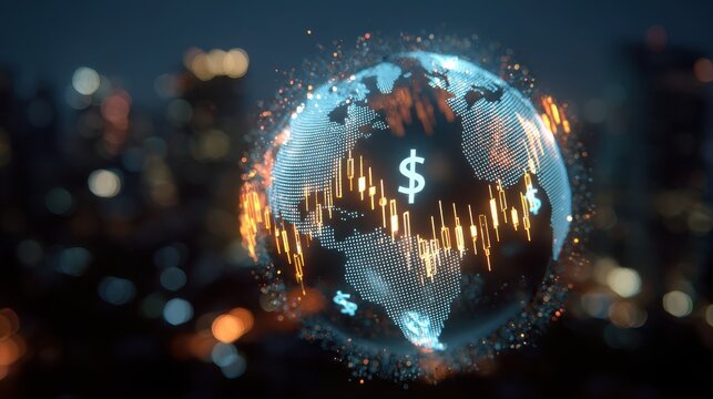 creative globe hologram with money signs and candlestick graph on blurry night city background global trade finance currency and future concept double exposure no logos no brands ar 169 - Powered by Adobe