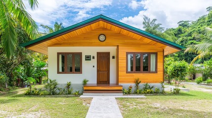 Modern tropical house with wooden design and lush green garden under bright blue sky in a serene environment