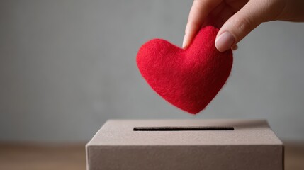 charity love and valentines day concept  close up of hand putting red heart into donation box no logos no brands ar 169