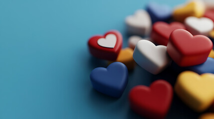A vibrant display of heart-shaped objects in red, white, blue, and yellow against a calming light blue background, ideal for themes of love, patriotism, and diversity. A symbol of unity.