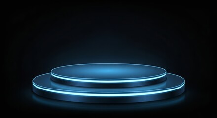 Award ceremony stage with futuristic blue neon lighting, a modern platform for product launches, presentations, and celebrations