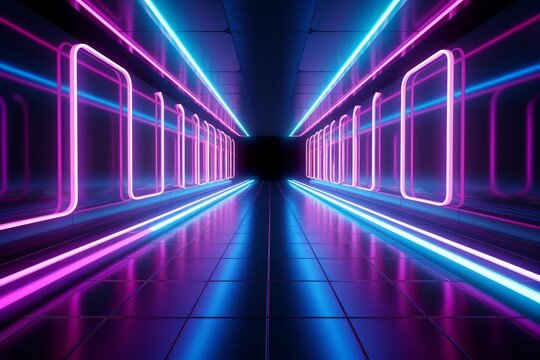 Vibrant neon lights create a mesmerizing spectacle in a futuristic corridor with a reflective floor - Powered by Adobe