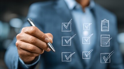 Businessman tracking organizational performance using online audit tools, filling checklists, reviewing documents, and assessing compliance through cloud-based evaluation systems jpg