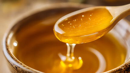 Golden honey drips from a wooden spoon into a bowl, creating a sweet and natural treat. A close-up captures the viscosity and rich color. This natural sweetener is healthy.