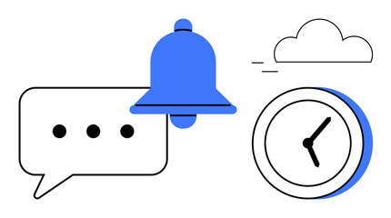 Bell, speech bubble, clock, and cloud elements visualize alerts, communication, time tracking, synchronization. Ideal for productivity, schedule reminder messaging cloud service efficiency