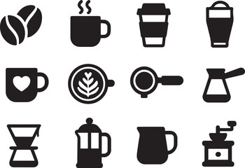 Coffee and Cafe Glyph Icons Barista Equipment and Drink Silhouette Vector Symbols
