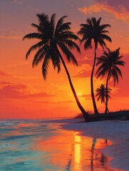 tropical paradise with palm trees silhouetted against a vibrant sunset on a sandy beach vacation dreams