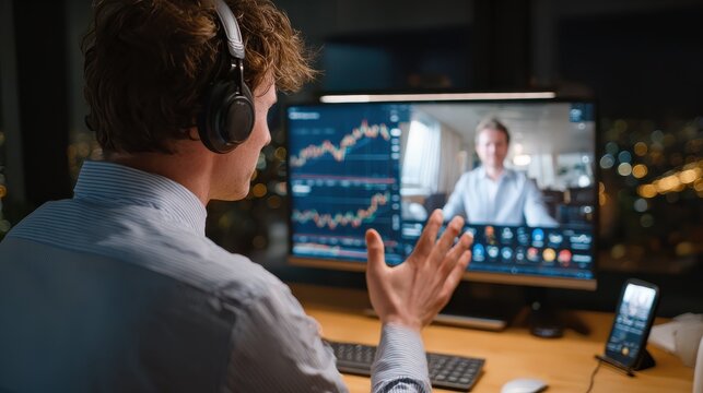 caucasian business man financial advisor stock trader broker consulting african client investor about investment on video conference call virtual remote meeting chat using pc computer and phone app n