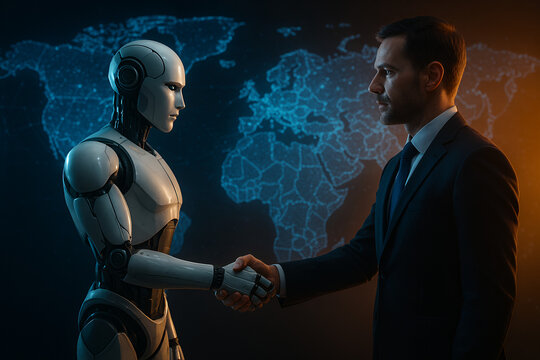 Human and Robot Handshake Representing Artificial Intelligence Collaboration and Partnership
