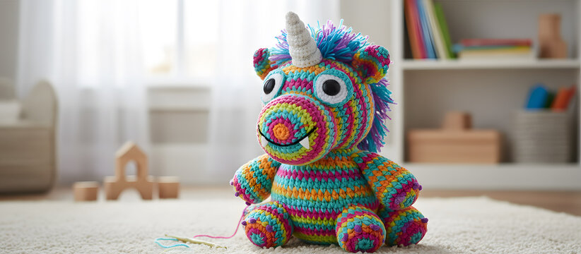 Colorful crocheted unicorn toy in a bright room with wooden blocks during daytime