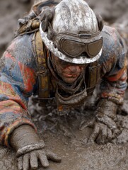 worker crawling in mud with safety gear
