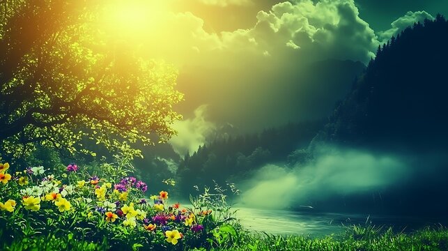 Scenic landscape of colorful wildflowers blooming beside gentle river in misty forest valley with sunrise glow - Powered by Adobe