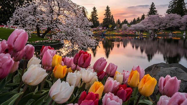 Scenic landscape of tulip garden with sakura trees and calm reflective pond in early spring
