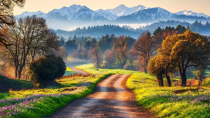 Scenic forest trail bordered by wildflower meadow leading toward mist-covered mountains in the background