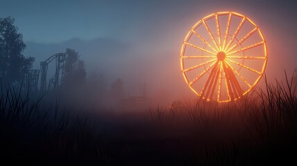 Atmospheric View of an Abandoned Amusement Park with Glowing Ferris Wheel in Foggy Landscape at Dusk