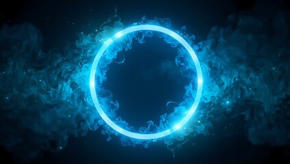 Obraz premium Glowing Neon Ring Frame with Swirling Blue Smoke on a Dark Background