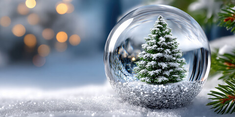 Glass snow globe showcasing a winter wonderland scene with frosted fir trees and glowing fairy lights, symbolizing holiday cheer, festive warmth, and the magic of Christmas