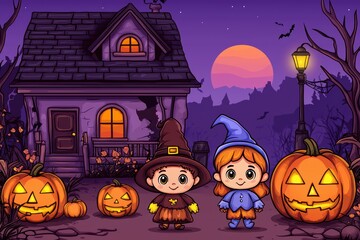 Whimsical Halloween Scene with Children in Costumes and Jack-o'-lanterns in Front of a Spooky House at Dusk