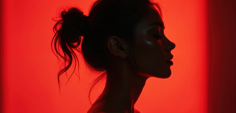 Dark silhouette of woman profile with hair bun against red backdrop. Intense studio lighting creates dramatic contrast and mood. Minimalist portrait captures elegance and striking beauty.