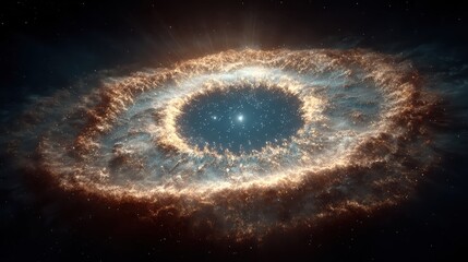 Glowing Helix Nebula expands in space, featuring stars and dust in outer space, resembling an eye of light and cosmic colors