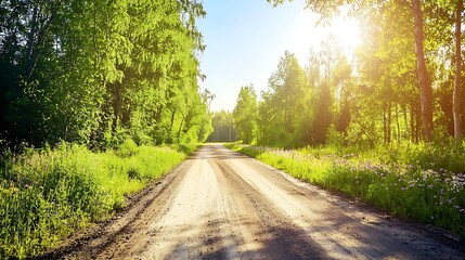 Obraz premium Rural lane with sunlight filtering through trees, wildflowers along the path, and clear sky above