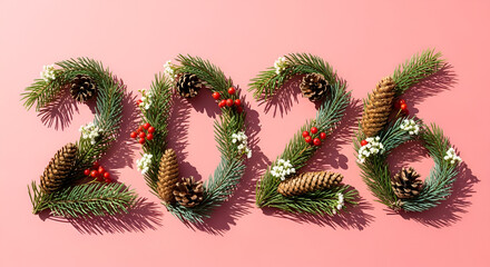 2026 numbers formed from pine branches with red berries and cones on pink background, minimalist festive New Year composition for beauty spa floral and holiday business branding