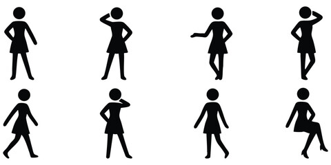 Stickman female model posing in fashion stance, Minimal woman stick figure modeling silhouette, Elegant female stickman fashion pose collection