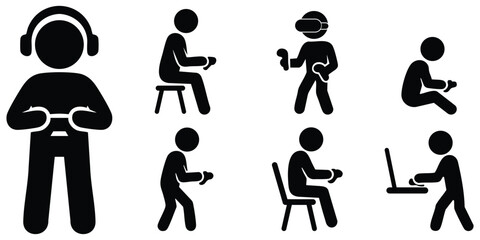 Stickman gamer silhouette collection, Gaming and esports stick figure poses, Video game player icons set © creatix