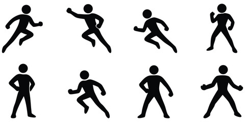 Stickman superhero silhouette poses, Heroic action stick figure collection, Superhero stance and power icon set