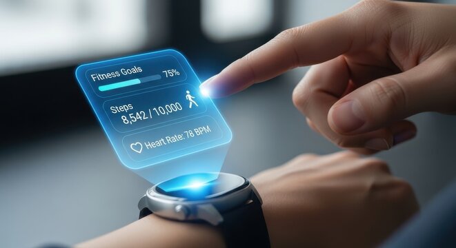 Fitness & Wellness: A person's hand touches a holographic display from their smartwatch, showing fitness goals, steps, and heart rate.