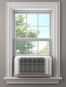window ac unit installed in white trim window  air conditioner window unit cooling system ac installation