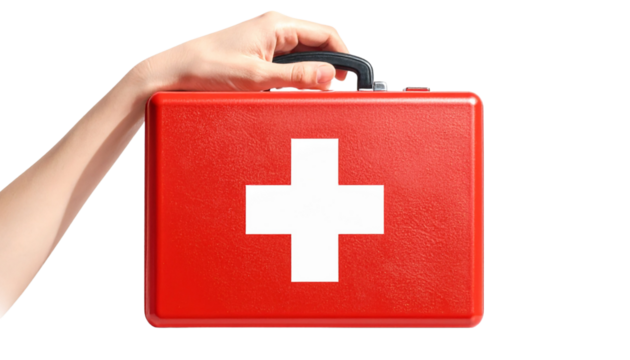 Transparent Background Hand Holding Red First Aid Box with White Cross, Front View, Isolated