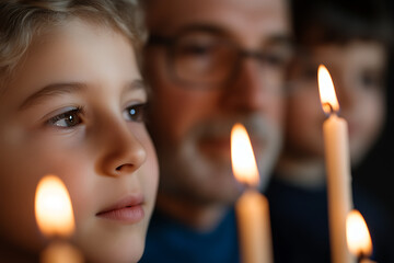 Candid family moment as a child gazes intently at the candlelight, while grandfather and sibling watch from behind, bathed in soft light. The warmth of family.