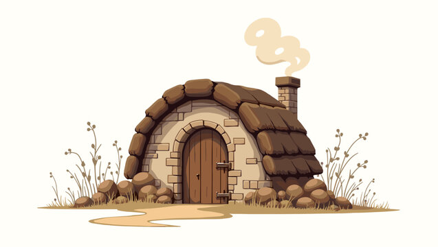 Shepherd hut with smoke made of stone and wood in dry meadow with rustic charm, peaceful rural concept