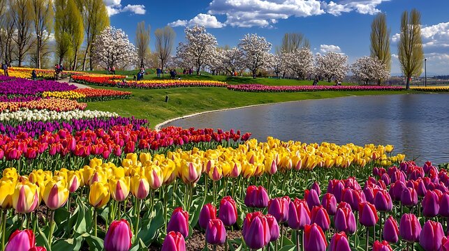 Peaceful spring scene with vibrant tulip beds, sakura trees, and pond reflecting blue sky and clouds