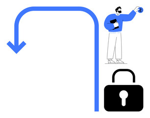 Individual holding key near large arrow curving to lock, symbolizing unlocking potential, security, access, and guidance. Ideal for technology, cybersecurity, problem-solving, solutions privacy