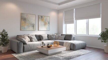 Fototapeta premium bright modern living room with comfortable corner couch artwork coffee table window blinds and rug no logos no brands ar 169